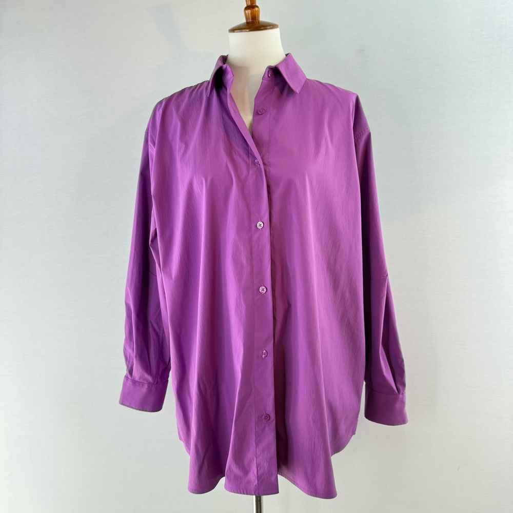 ATHLETA Jazzy Purple Performance Oversized Poplin Top in Tunic Shirt NWOT
